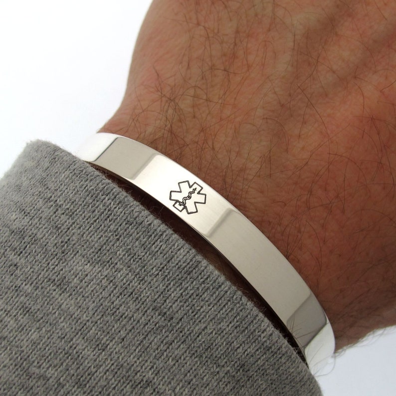 Mens Medical Alert Bracelet Sterling Silver Medical ID Cuff Etsy