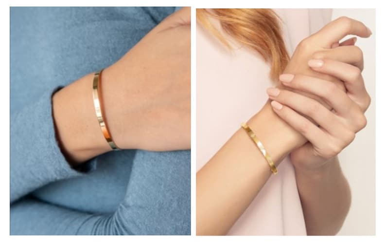 May include: Two images showcasing gold-colored bangles. The first image displays a smooth, polished bangle on a wrist, while the second features a textured, hammered-style bangle. Both are worn on wrists, highlighting the jewelry's design and finish.