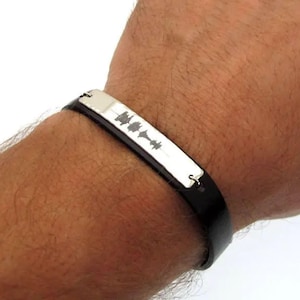 Custom Soundwave Leather Bracelet for Men, Boyfriend Gift, Custom Voice Bracelet Sterling Silver. Personalized gift for him