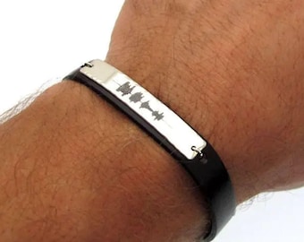 Artisan Soundwave Leather Bracelet for Men Personalized Boyfriend Gift Custom Voice Bracelet Sterling Silver Unique gift for him