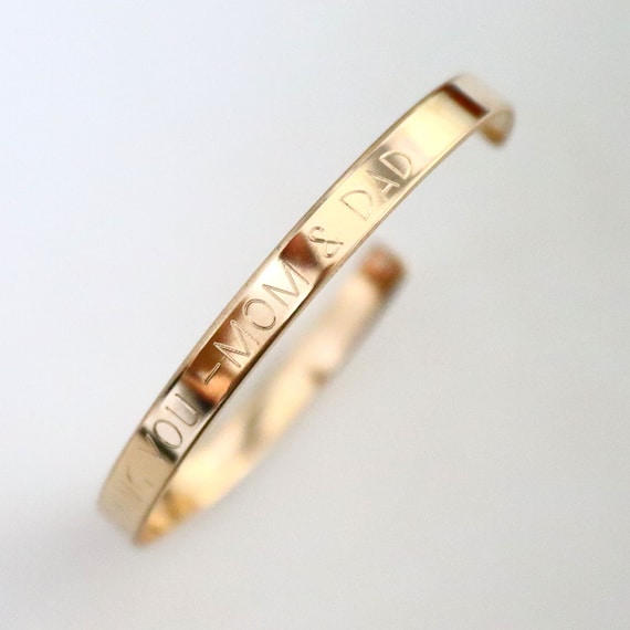 Personalized Skinny Gold Cuff Bracelet Custom Engraving Loving You Mom & Dad Minimalist Bangle Birthday Gift for Her Daughter