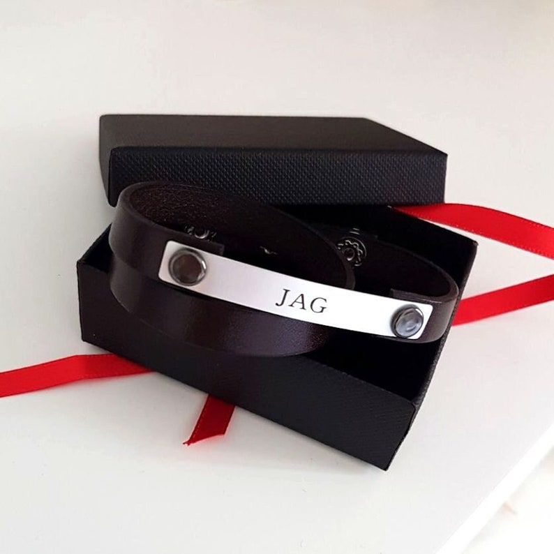 initials engraved leather bracelet