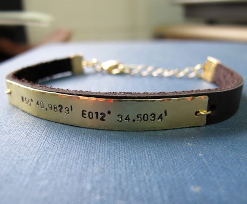 Women Personalized Leather Bracelet Coordinates Engraved Etsy