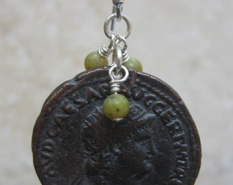 Minerva Earring - Replica Roman Coin from Bath England, Yellow Turquoise and Sterling Silver