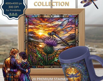 Highland Stained Glass Digital Art, Outlander Inspired, 20 Scottish Wildlife PNGs, Thistle and Dragonfly Clipart
