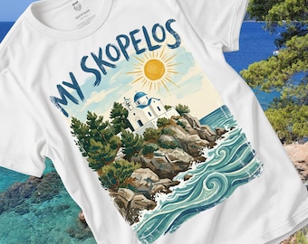 My Skopelos Greece Travel Poster T-Shirt - Vintage Gouache Illustration - Greek Island Art Print - Mamma Mia Island Aesthetic Tee