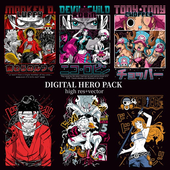 One Piece Anime PNG Clipart Bundle – Luffy Gear 5 Fan Art (Digital Download 6-Pack)