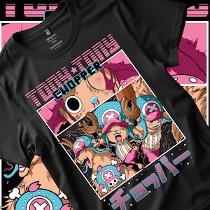 May include: Black t-shirt featuring a colorful graphic of the character Chopper from the anime series One Piece. The design includes the text "TONY TONY CHOPPER" in pink and white, along with Japanese text.