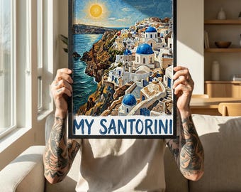 Vintage Santorini Greece PNG, Aesthetic Greek Island Travel Poster Design, Mediterranean Architecture Sublimation, 300 DPI