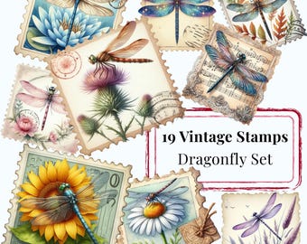 Dragonfly Vintage Stamps PNG, Botanical Stamp Clipart, Dragonfly Ephemera, Scrapbook PNG Bundle, Vintage Postage Set