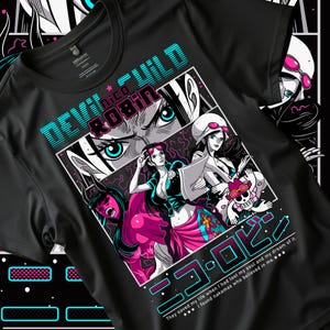May include: Black t-shirt featuring a manga-style graphic of Nico Robin from One Piece. The design includes text in English and Japanese, with vibrant colors and detailed illustrations of the character.