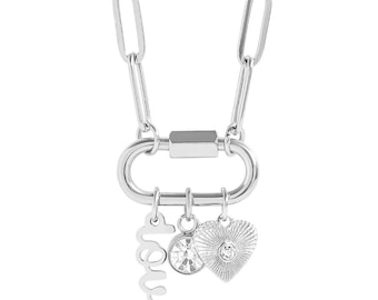 Love Charm Paperclip Necklace – Stainless Steel Carabiner Clasp
