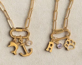 Custom Charm Necklace: Gold Paperclip Chain, Personalized Carabiner Clasp