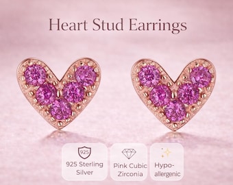 Pendientes de botón en forma de corazón de oro rosa: circonita cúbica rosa, plata de ley 925