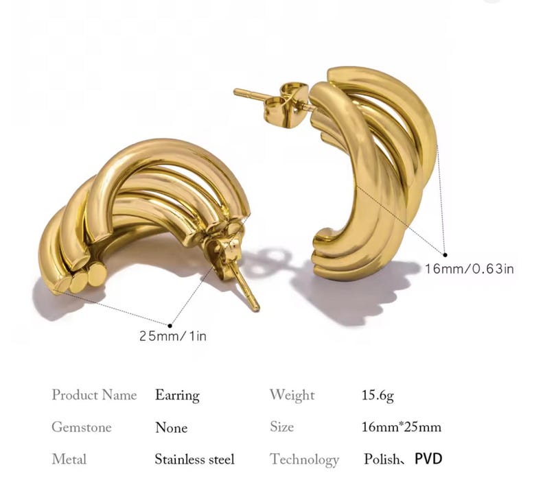 Puede incluir: Pendientes de acero inoxidable de color dorado. Cada pendiente tiene un dise&ntilde;o curvo y en capas. Los pendientes miden 2,5 cm de ancho y 1,6 cm de alto. Los pendientes pesan 15,6 gramos.