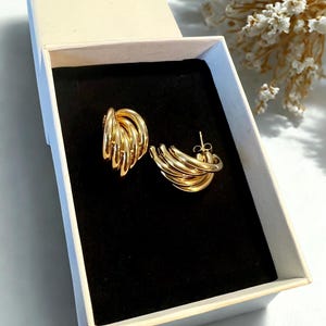 Puede incluir: Un par de pendientes dorados presentados en una caja de joyer&iacute;a crema abierta con interior negro. Los pendientes tienen un dise&ntilde;o de m&uacute;ltiples aros. La caja est&aacute; sobre una superficie blanca, con un arreglo floral borroso en el fondo.
