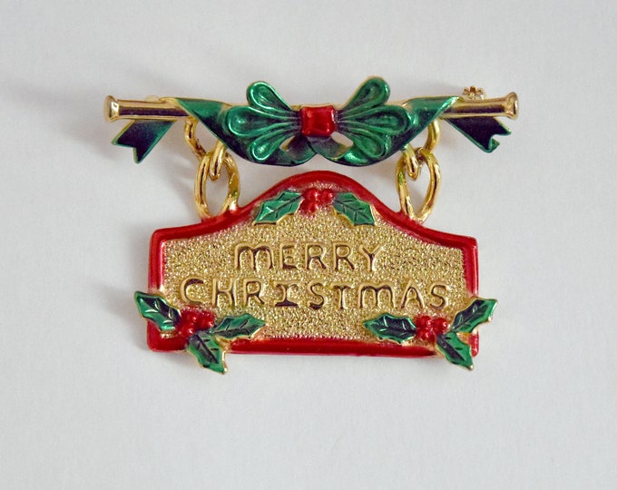 Vintage Signed AJC Merry Christmas Sign Brooch