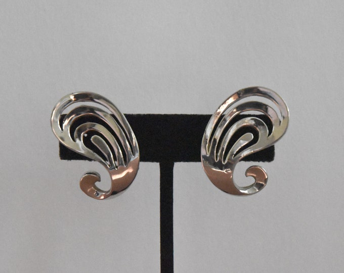 Signed Bergère Modernist Silver Swirl Earrings