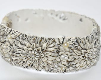 Vintage Carved Celluloid and Rhinestone Clamper Bracelet