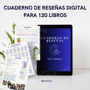 May include: A digital book review journal with a blue and purple cover featuring a crescent moon and the text "CUADERNO DE RESENAS 120 LIBROS". The journal is designed to help you keep track of your reading and includes pages for book lists, reviews, and shelf tracking.