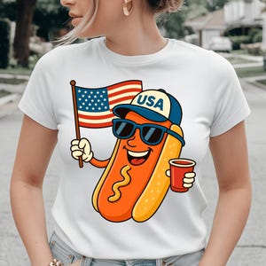 Playful 4th of July Hot Dog Cartoon | USA Patriotic Digital Download | Funny Independence Day Sublimation PNG | Vintage Style Tshirt Graphic
