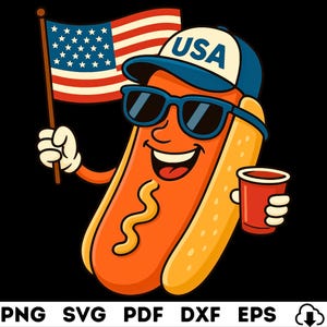 Playful 4th of July Hot Dog Cartoon | USA Patriotic Digital Download | Funny Independence Day Sublimation PNG | Vintage Style Tshirt Graphic