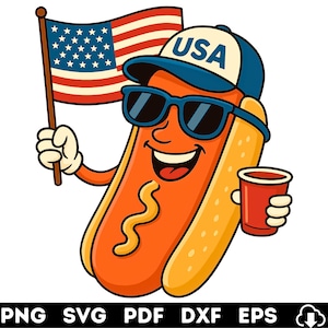 Playful 4th of July Hot Dog Cartoon | USA Patriotic Digital Download | Funny Independence Day Sublimation PNG | Vintage Style Tshirt Graphic