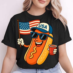 Playful 4th of July Hot Dog Cartoon | USA Patriotic Digital Download | Funny Independence Day Sublimation PNG | Vintage Style Tshirt Graphic
