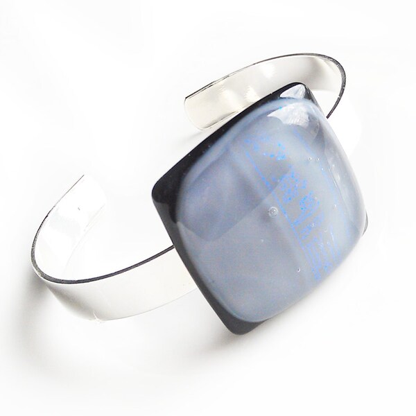 Bracelet - Gray Black and Blue Dichroic Fused Glass - Silver Bangle