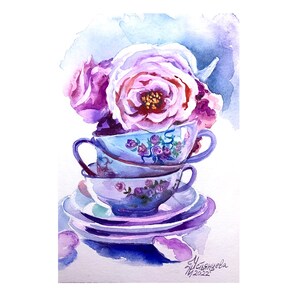 Tazze da tè viola_pittura ad acquerello, 16 x 23 cm