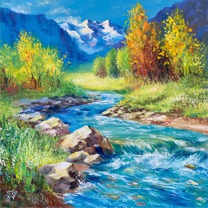 Paisagem de montanha de outono com um rio_pintura a óleo, 30 x 30 cm