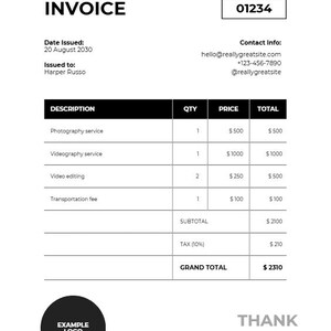 May include: A black and white invoice template with the word "INVOICE" at the top. The invoice includes details such as date, recipient, contact information, and a breakdown of services like photography and videography. The total is $2310.