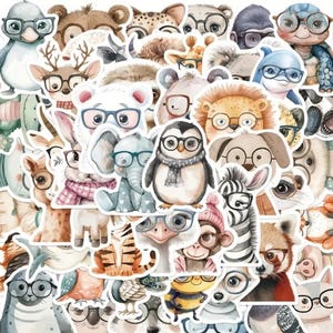 Cute Animal Stickers with Glasses | 50-Pack Matte Waterproof Decals | Aesthetic Animal Laptop Stickers | Teacher Gifts | Scrapbook & Journal