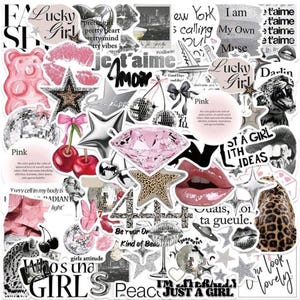 May include: A collection of stickers in pink and silver. Features a pink gummy bear, lips, stars, cherries, a diamond, and text including "Lucky Girl", "Je t'aime", and "Who's una GIRLS".