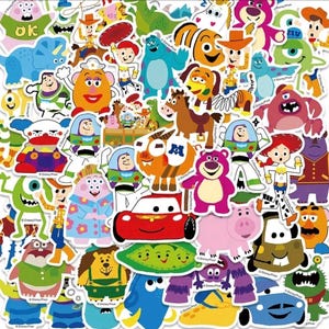 May include: A collection of colorful stickers featuring various cartoon characters. The stickers showcase characters from popular animated movies, including a red race car, a pink pig, and a purple bear. The stickers are on a white background.