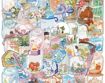May include: A collection of colorful, transparent stickers featuring various designs inside glass jars, bottles, and containers. The stickers showcase illustrations of animals, plants, and food items, with a whimsical and playful aesthetic. The stickers are in various shapes and sizes.