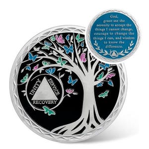 Tree of Life Sobriety Coin: Serenity Prayer AA Medallion