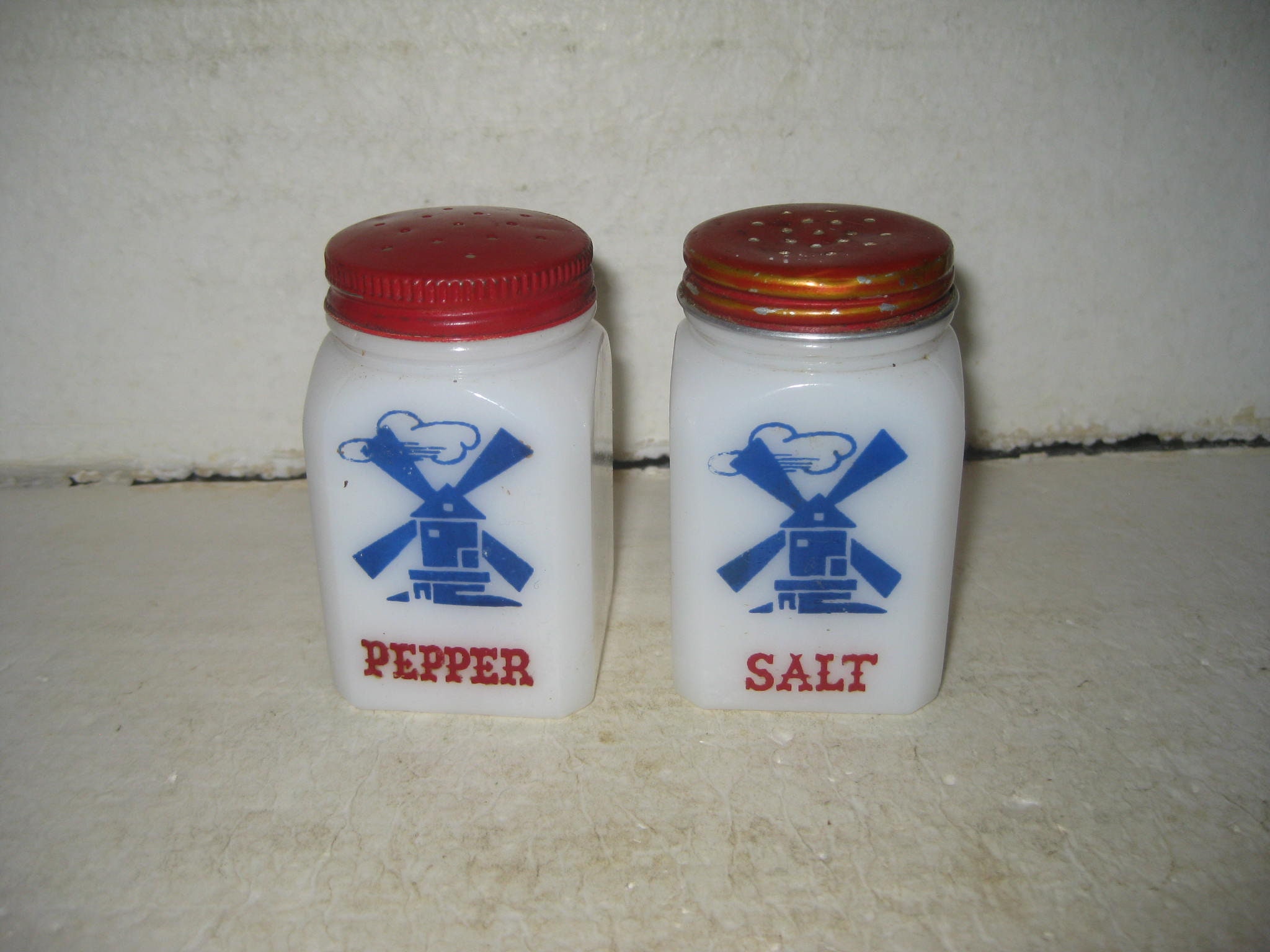 Vintage Milk Glass Windmill & Dancer Lady Salt Pepper Paprika Shakers  Made USA