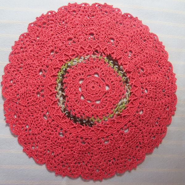 Coral Pink Doily-10 inch Doily-Textured Pineapple Variegated Dark Brown, Green & Light Brown Doily-Hand Crocheted Cotton Doily-Cindy's Loft