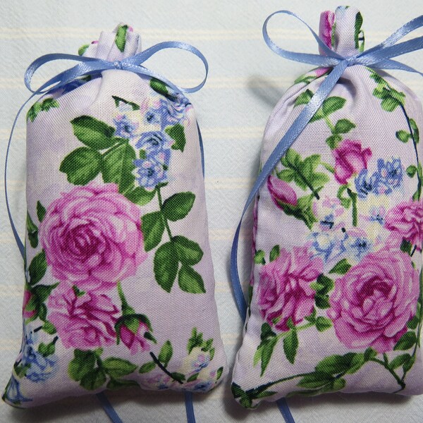 Rose 5"X2" Sachet-'Damascus Rose' Fragrance-Pink Roses and Blue Flowers-Cotton Fabric Botanical Hand-Blended Sachet-Cindy's Loft-107-9