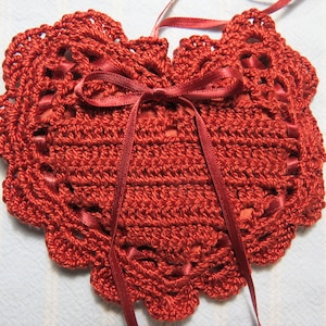 Dark Red Copper 4&quot;X4&quot; Sachet-&#39;Apples & Maple Bourbon&#39; Fragrance-Heart Sachet-Hand Crocheted-Botanical-Cotton and Satin-Cindy&#39;s Loft-918-18!