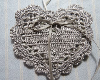 Pearl Gray 4"X4" Heart Sachet-'Meadow Showers' Fragrance-Light Gray Sachet-Hand Crocheted Sachet-Cotton and Satin-Cindy's Loft-415-7