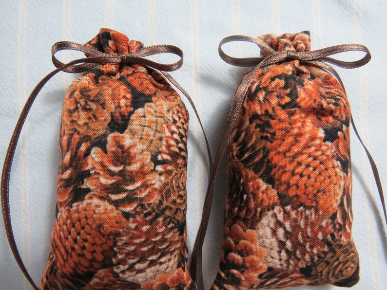 May include: Two small fabric pouches with a repeating pattern of brown and orange feathers. Each pouch is tied with a brown ribbon, forming a bow at the top. The pouches are likely used for storing small items or as sachets.