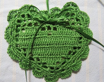 Green 4"X4" Heart Sachet-'Apple and Clover' Fragrance-Hand Crocheted Sachet-Cotton and Satin-Medium Forest Green-Cindy's Loft-988-14
