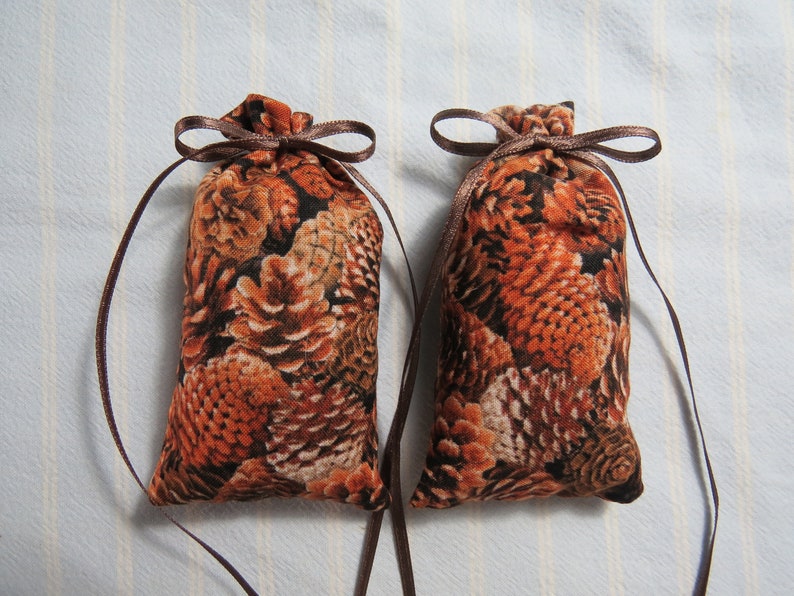 May include: Two small, rectangular fabric sachets with a brown pine cone pattern. Each sachet is tied with a brown ribbon. The background is a light blue and white striped fabric.