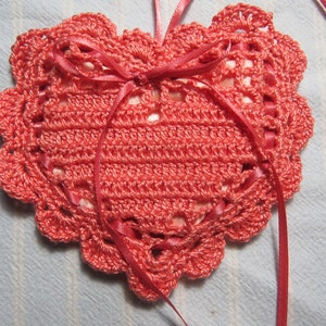 Light Coral 4&quot;X4&quot; Heart Sachet-&#39;Spring Fling&#39; Fragrance-Hand Crocheted Sachet-Botanical Sachet-Cotton and Satin-Cindy&#39;s Loft-352-5!