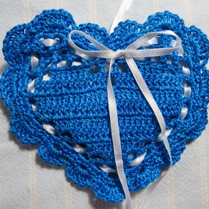 Electric Blue 4&quot;X4&quot; Heart Sachet-&#39;Victorian Violets&#39; Fragrance-Blue/White Sachet-Hand Crocheted Sachet-Cotton and Satin-Cindy&#39;s Loft-995-0!