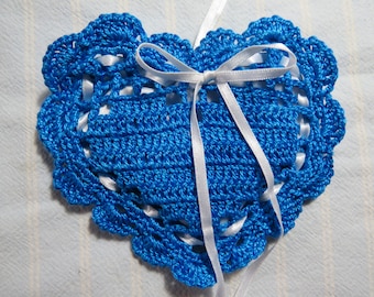 Electric Blue 4"X4" Heart Sachet-'Victorian Violets' Fragrance-Blue/White Sachet-Hand Crocheted Sachet-Cotton and Satin-Cindy's Loft-995-6