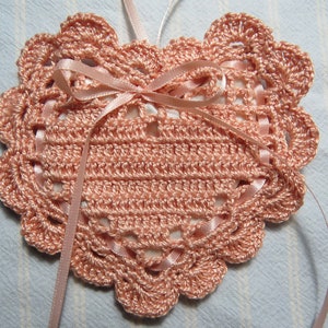 Light Peach 4&quot;X4&quot; Heart Sachet-&#39;Spring Bouquet&#39; Fragrance-Peach Heart Sachet-Hand Crocheted-Botanical-Cotton and Satin-Cindy&#39;s Loft-754-4!