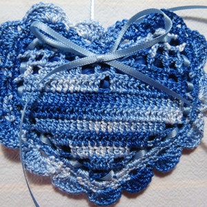 Shades of Blue 4&quot;X4&quot; Heart Sachet-&#39;Redwood Embers&#39; Fragrance-Heart Sachet-Hand Crocheted Botanical Sachet-Cotton & Satin-Cindy&#39;s Loft-093-6!